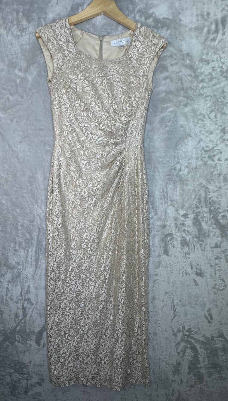 Tahari Arthur Levine Dress Womens 4 Gold Lace Ruched Formal Gown Cap Sleeve